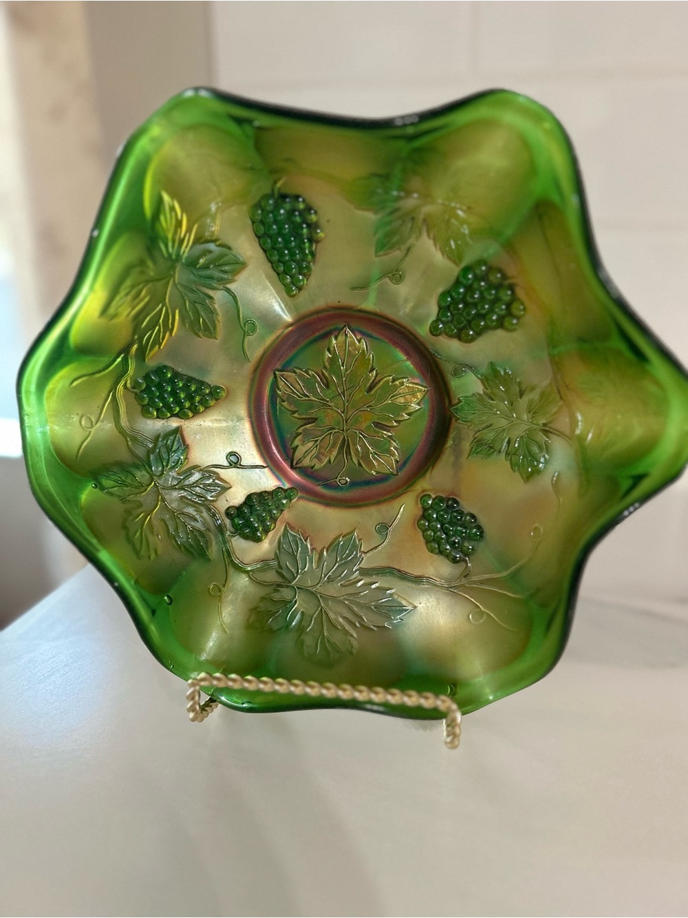 Vintage Fenton Green Carnival Glass Bowl with Grape & Leaf Motif